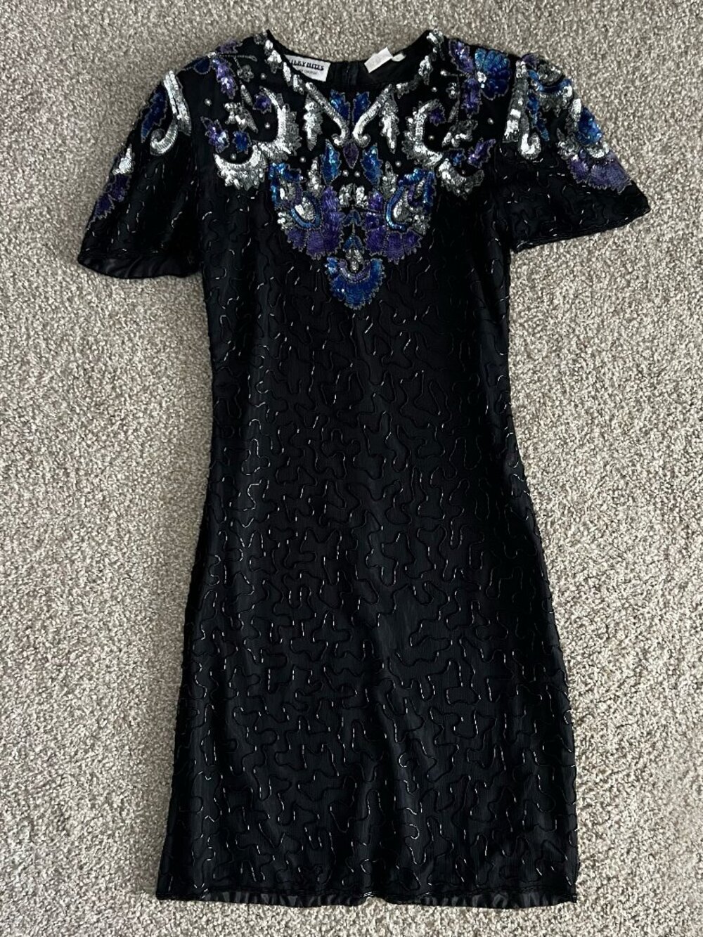 80s Silky Nites Maximalist Beaded Sequin Silk Short Sleeve Mini Dress Vintage S